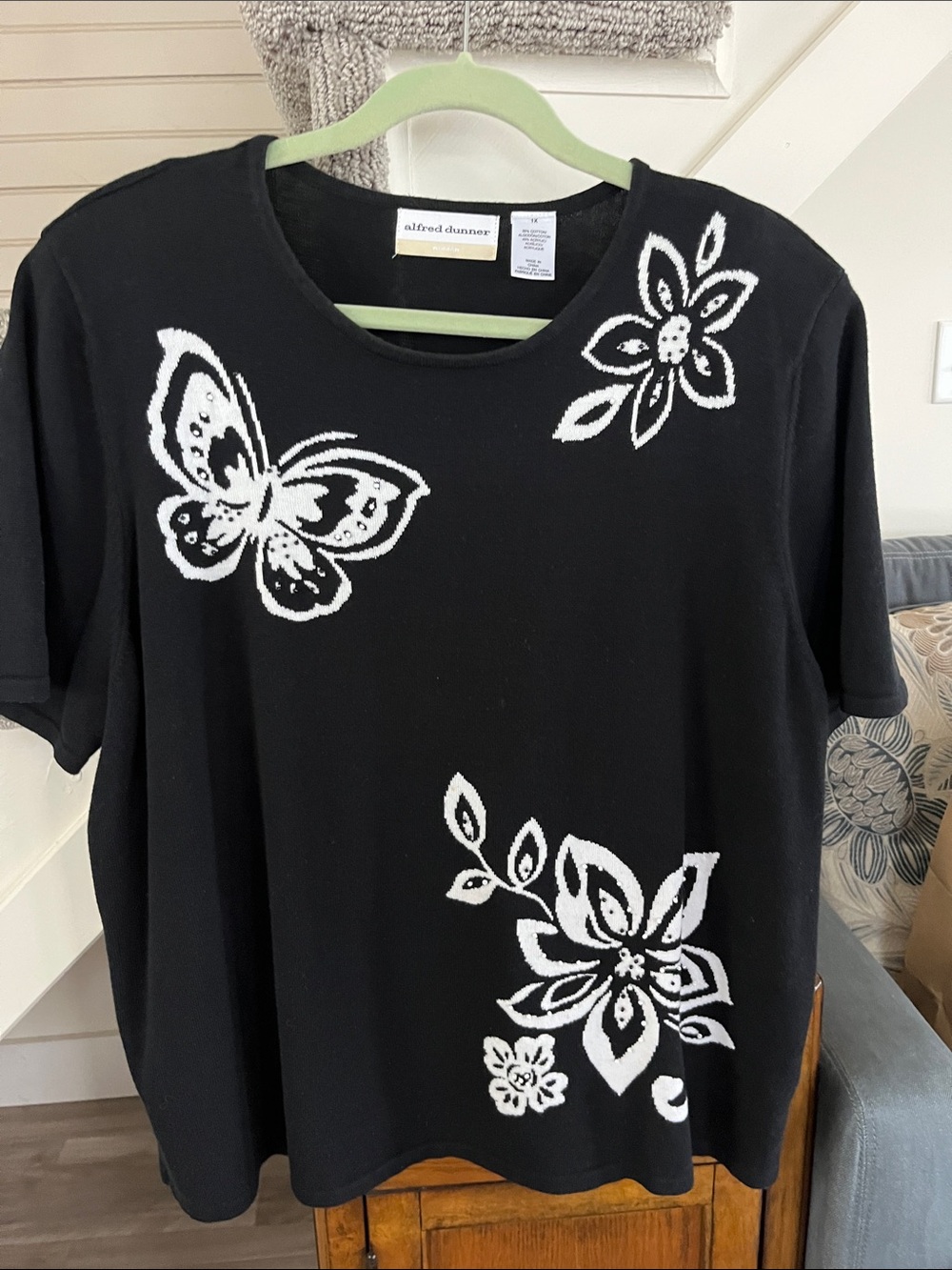 Alfred Dunner Black Short Sleeved Sweater with White Floral & Butterfly Accents